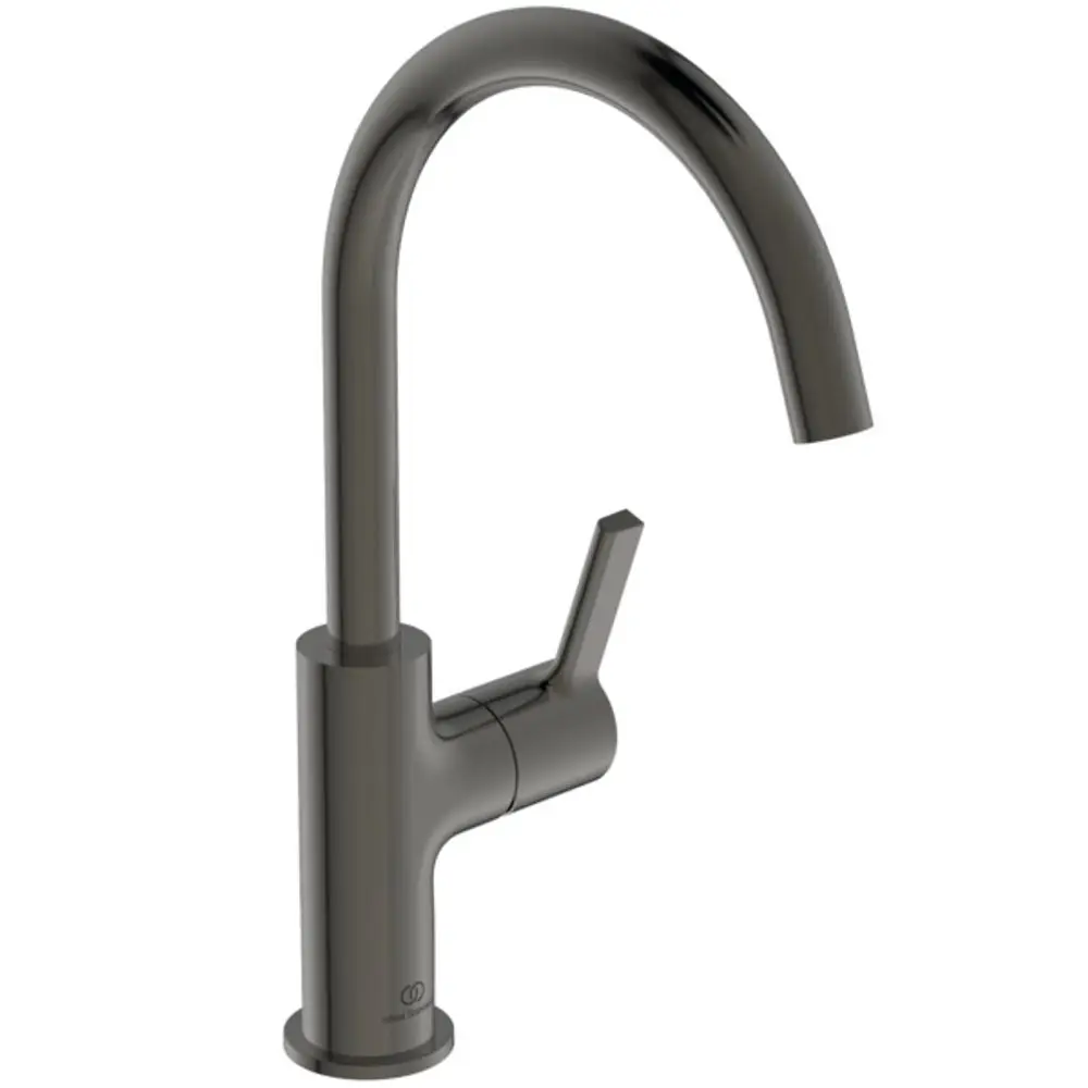 Waschtischarmatur in Magnetic Grey von Ideal Standard mit hoher Auslauf und seitlichem Bedienhebel. Elegantes Design für moderne Badezimmer.